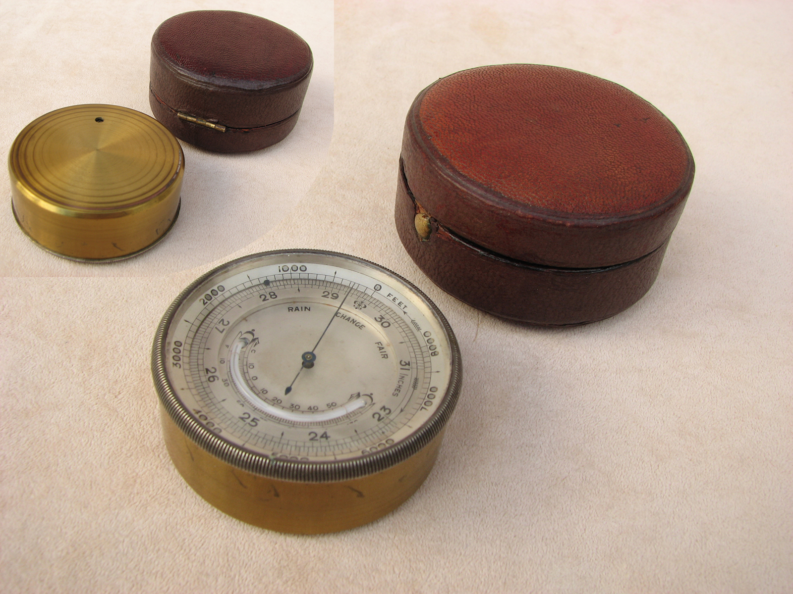 19th century pocket barometer with curved thermometer in case
